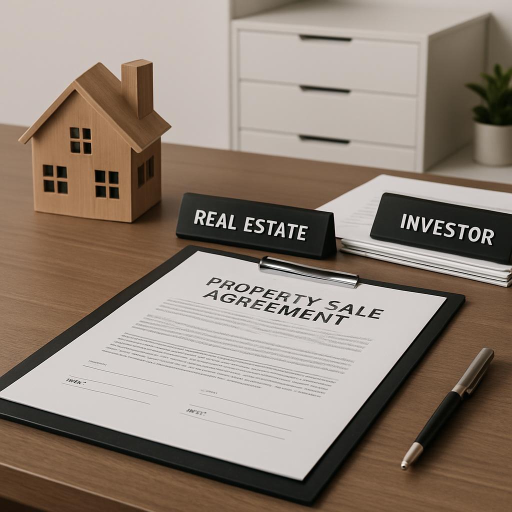 "View of a desk with a house model, a property sale agreement on the clipboard, and a stack of papers."