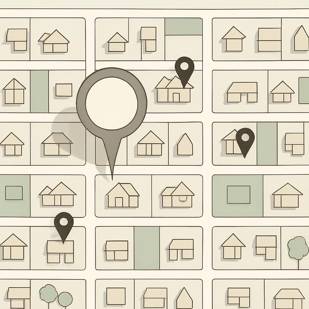 A map with various houses and location markers.