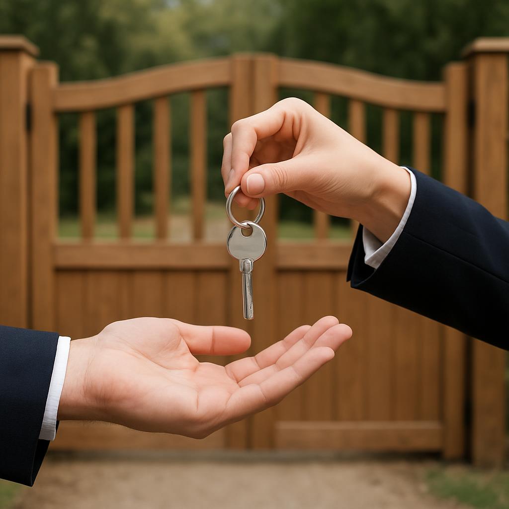 Two hands helping each other giving handing over key to a fence in the background.