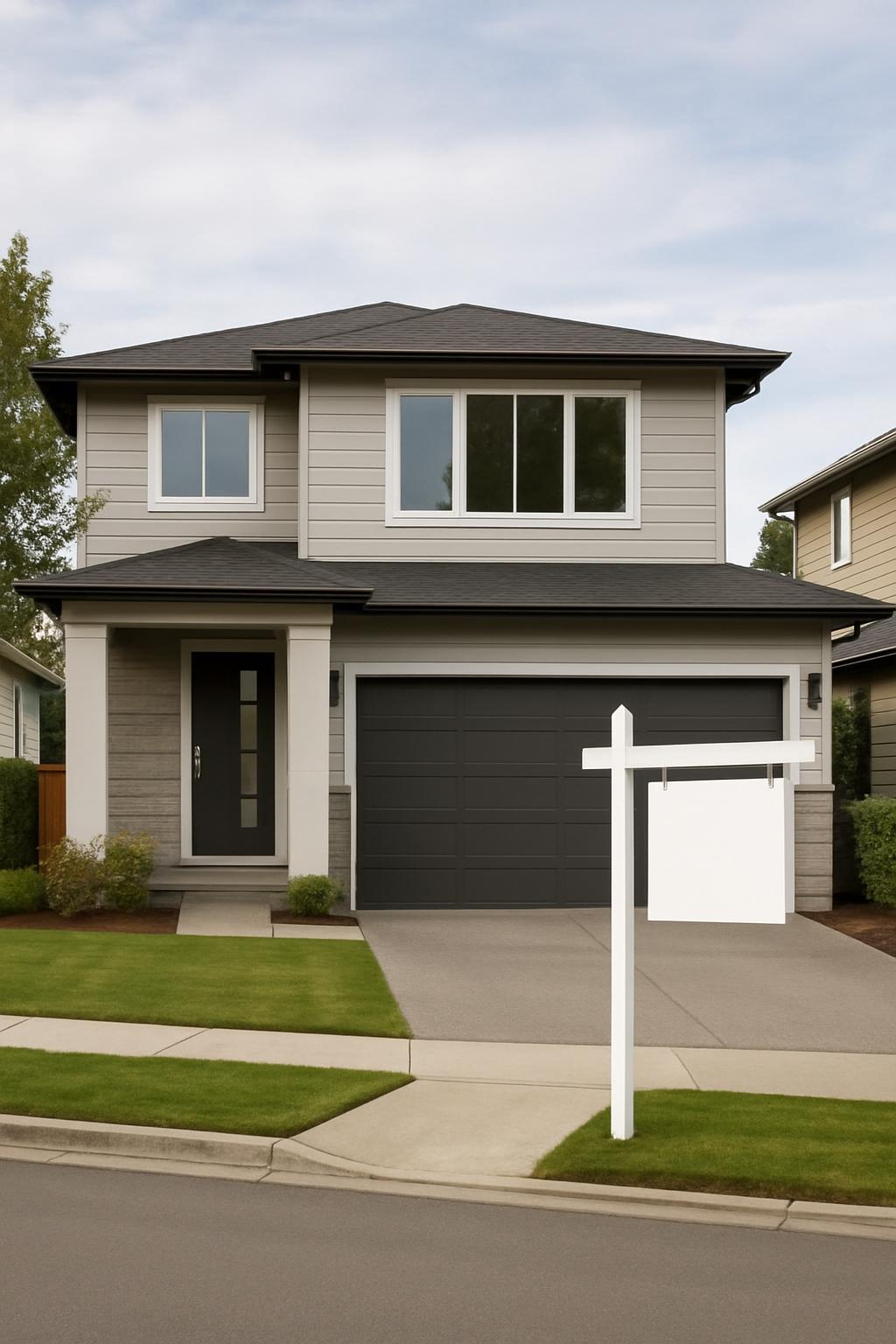 A newly built modern two-story home with a black garage door, white trim, and a black roof, situated on a corner lot in a ...